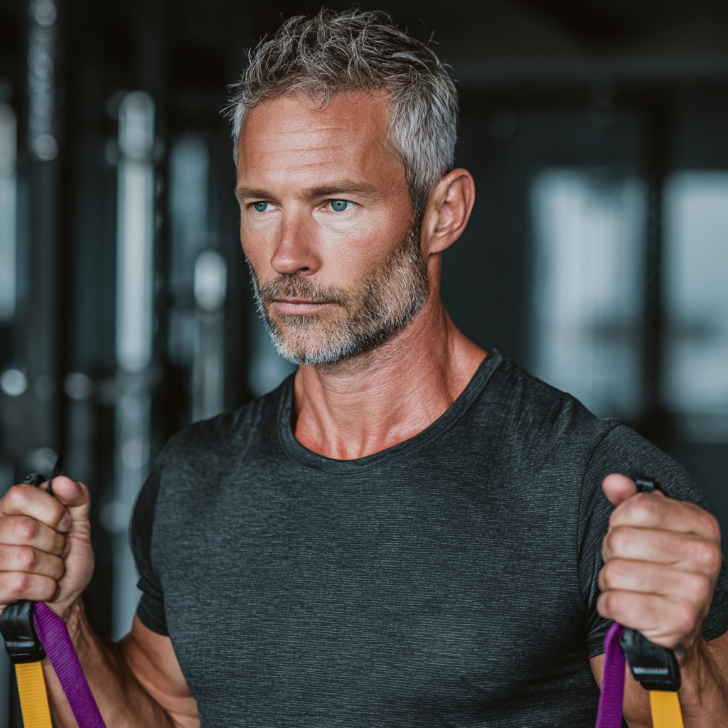 Mature man performing functional training exercises with resistance bands in a modern gym setting, focused on strength and flexibility development